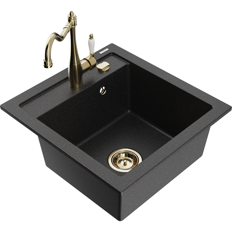Mexen Vito granitspüle 1-beckig mit Küchenarmatur Carla, schwarz/silber metallic - 6503-73-670700-50