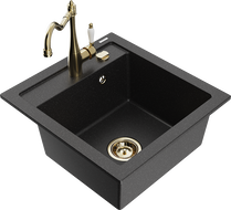 Mexen Vito Granitspüle 1-Becken mit Küchenarmatur Carla, schwarz/silber metallic - 6503-73-670700-50