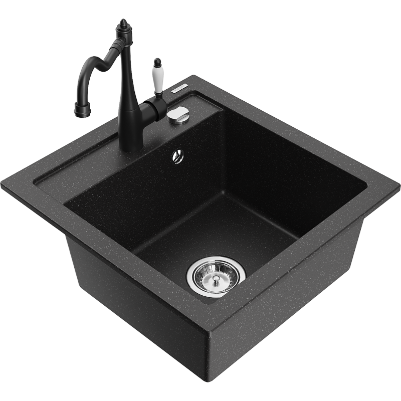 Mexen Vito Granitspüle 1-Becken mit Küchenarmatur Carla, schwarz/silbermetallic - 6503-73-670700-70