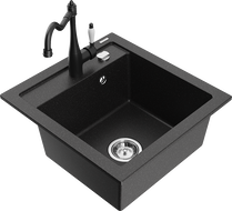 Mexen Vito Granitspüle 1-beckig mit Küchenarmatur Carla, schwarz/silber-metallic - 6503-73-670700-70