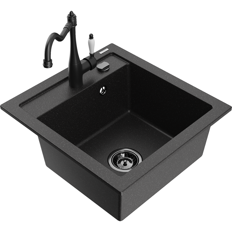 Mexen Vito Einbauspüle aus Granit, 1 Becken mit Küchenarmatur Carla, schwarz/silber metallic - 6503-73-670700-70-B