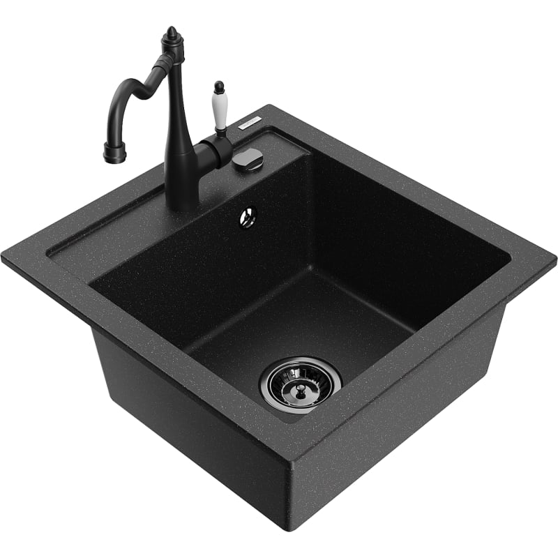 Mexen Vito Granitspüle 1-beckig mit Küchenarmatur Carla, schwarz/silber metallic - 6503-73-670700-70-B