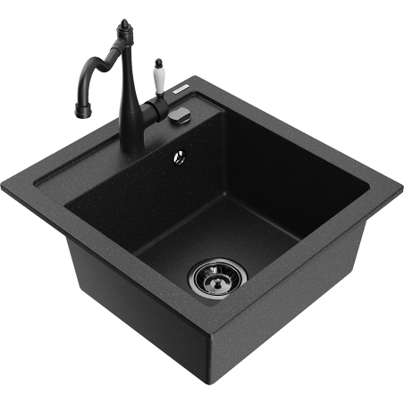 Mexen Vito Einbauspüle aus Granit, 1 Becken mit Küchenarmatur Carla, schwarz/silber metallic - 6503-73-670700-70-B