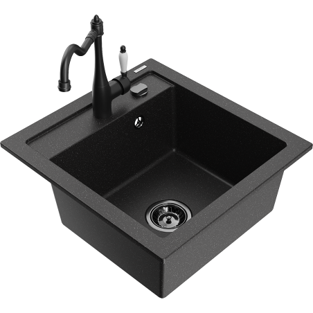 Mexen Vito Granitspüle 1-beckig mit Küchenarmatur Carla, schwarz/silber metallic - 6503-73-670700-70-B