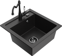 Mexen Vito Einbauspüle aus Granit, 1 Becken mit Küchenarmatur Carla, schwarz/silber metallic - 6503-73-670700-70-B