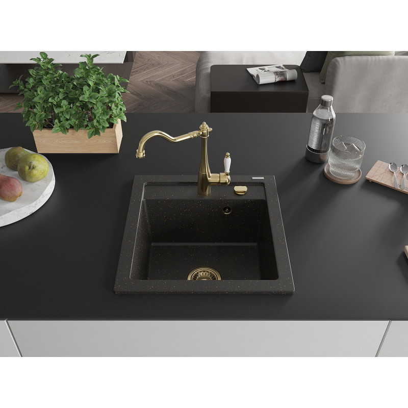 Mexen Vito Granitspüle 1-Kammer mit Küchenarmatur Carla, schwarz/gold metallic - 6503-75-670700-50