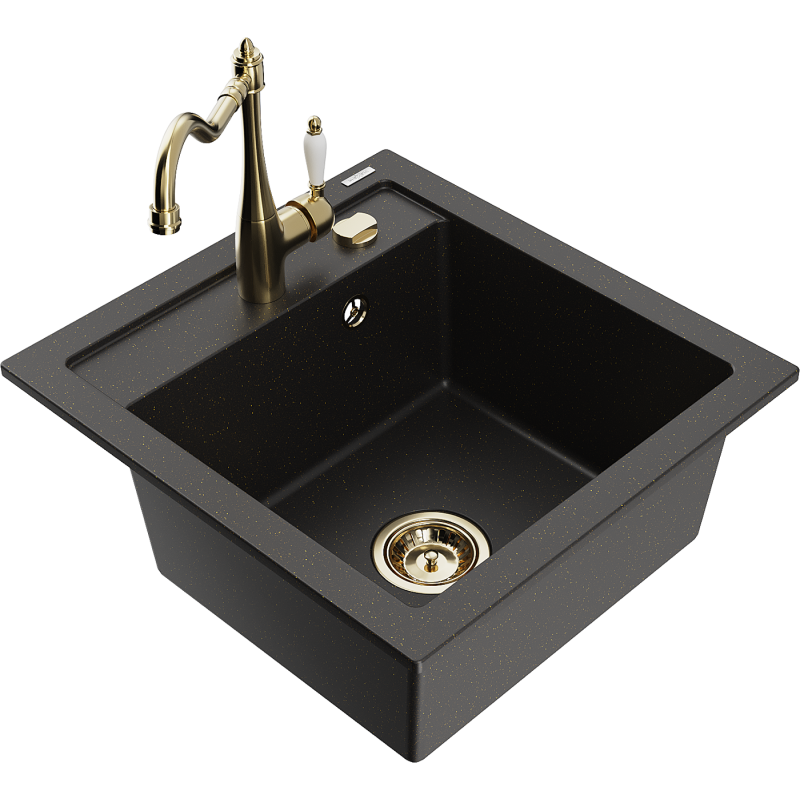 Mexen Vito Granitspüle 1-beckig mit Küchenarmatur Carla, schwarz/gold metallic - 6503-75-670700-50