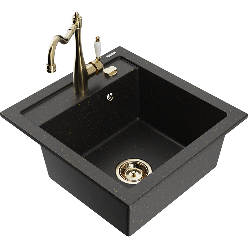 Mexen Vito Granitspüle 1-Kammer mit Küchenarmatur Carla, schwarz/gold metallic - 6503-75-670700-50