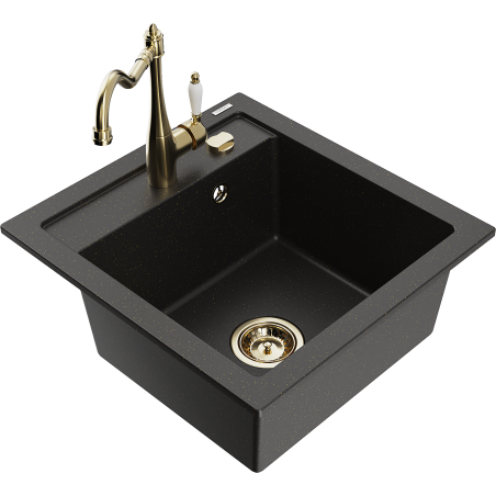 Mexen Vito Granitspüle 1-beckig mit Küchenarmatur Carla, schwarz/gold metallic - 6503-75-670700-50