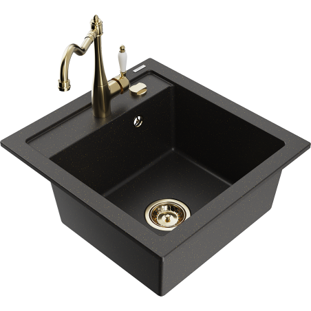 Mexen Vito Granitspüle 1-Kammer mit Küchenarmatur Carla, schwarz/gold metallic - 6503-75-670700-50