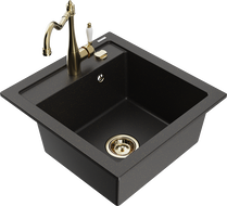 Mexen Vito Granitspüle 1-beckig mit Küchenarmatur Carla, schwarz/gold metallic - 6503-75-670700-50