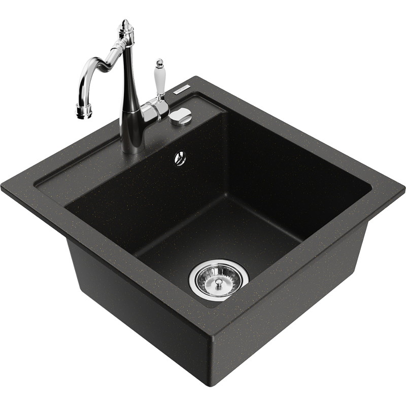 Mexen Vito Granitspüle 1-Becken mit Küchenarmatur Carla, schwarz/gold metallic - 6503-75-670700-00