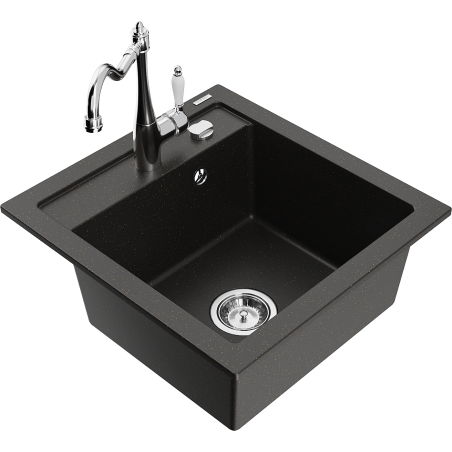 Mexen Vito Einbauspüle aus Granit mit 1 Becken und Küchenarmatur Carla, schwarz/goldener Metallic - 6503-75-670700-00