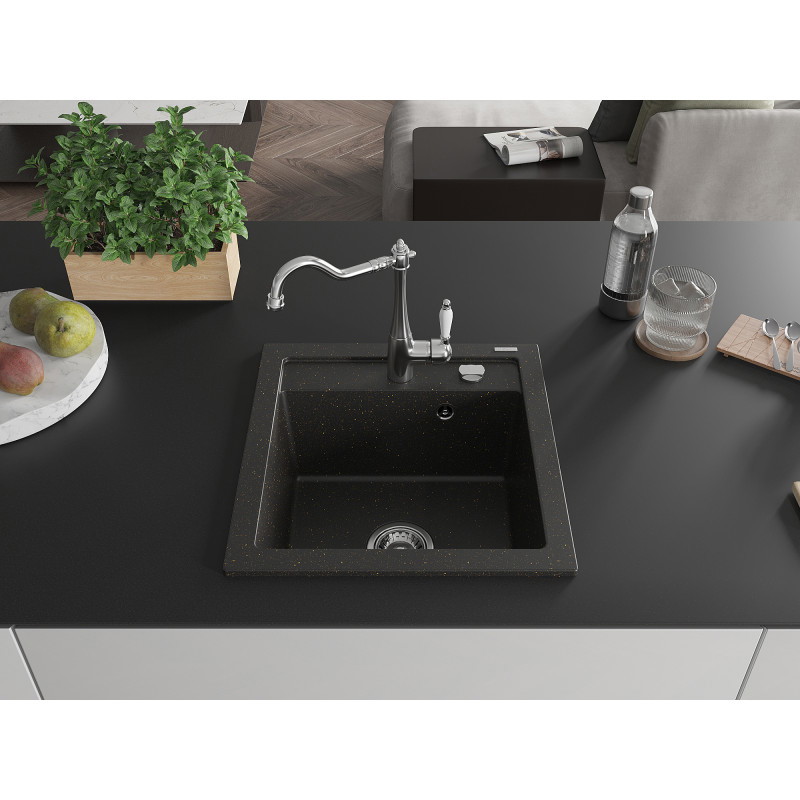 Mexen Vito Einbauspüle aus Granit mit 1 Becken und Küchenarmatur Carla, schwarz/goldener Metallic - 6503-75-670700-00