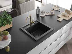 Mexen Vito Granitspüle 1-Becken mit Küchenarmatur Carla, Schwarz/Gold Metallic - 6503-75-670700-50-B