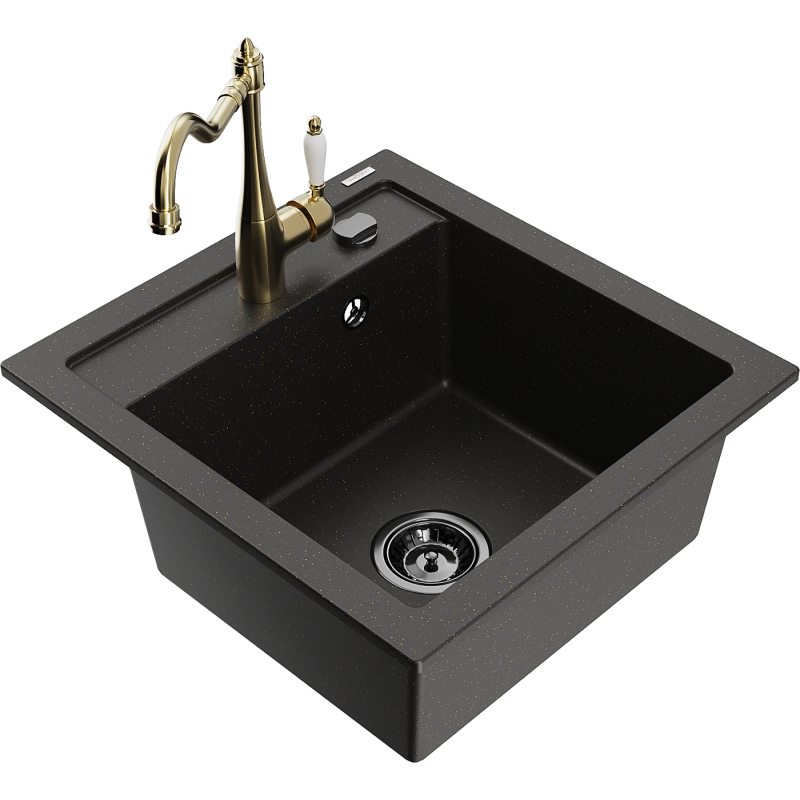 Mexen Vito Granitspüle 1-Becken mit Küchenarmatur Carla, Schwarz/Gold Metallic - 6503-75-670700-50-B