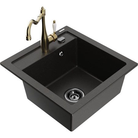 Mexen Vito Granitspüle 1-Becken mit Küchenarmatur Carla, Schwarz/Gold Metallic - 6503-75-670700-50-B