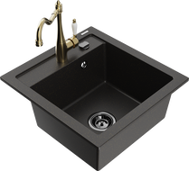 Mexen Vito Granitspüle 1-Becken mit Küchenarmatur Carla, Schwarz/Gold Metallic - 6503-75-670700-50-B