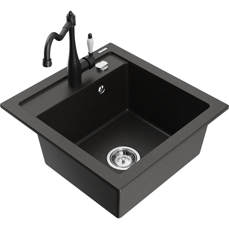 Mexen Vito Granitspüle 1-Becken mit Küchenarmatur Carla, Schwarz/Gold Metallic - 6503-75-670700-70