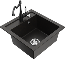 Mexen Vito Granitspüle 1-Becken mit Küchenarmatur Carla, Schwarz/Gold Metallic - 6503-75-670700-70