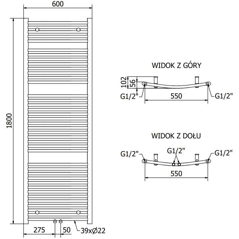 Mexen Ares Badezimmerheizkörper 1800 x 600 mm, 958 W, schwarz - W102-1800-600-00-70