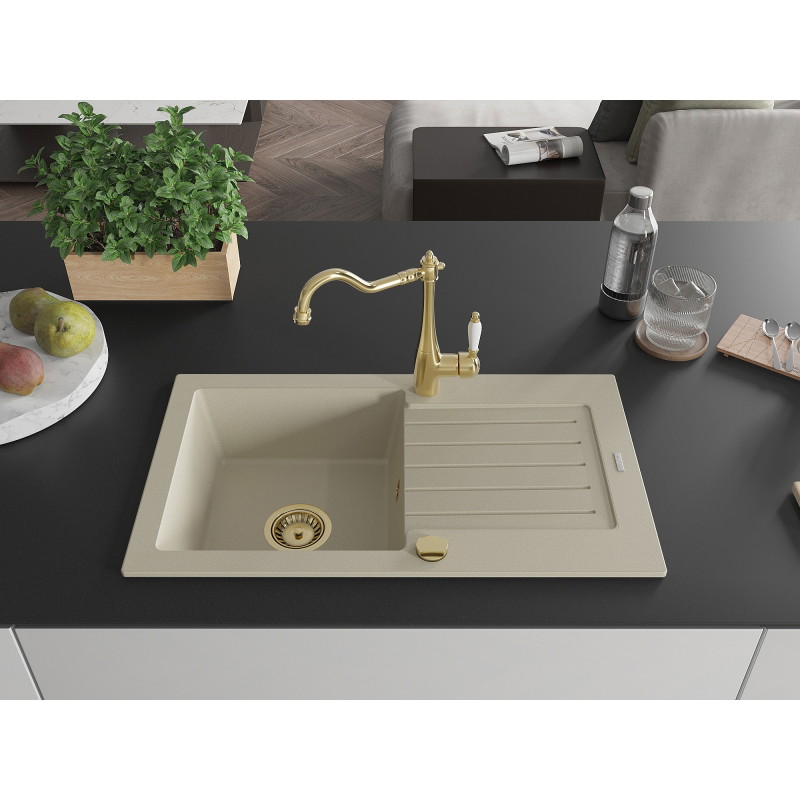 Mexen Pablo 1-becken Granitspüle mit Abtropffläche und Küchenarmatur Carla, beige - 6510-69-670700-50