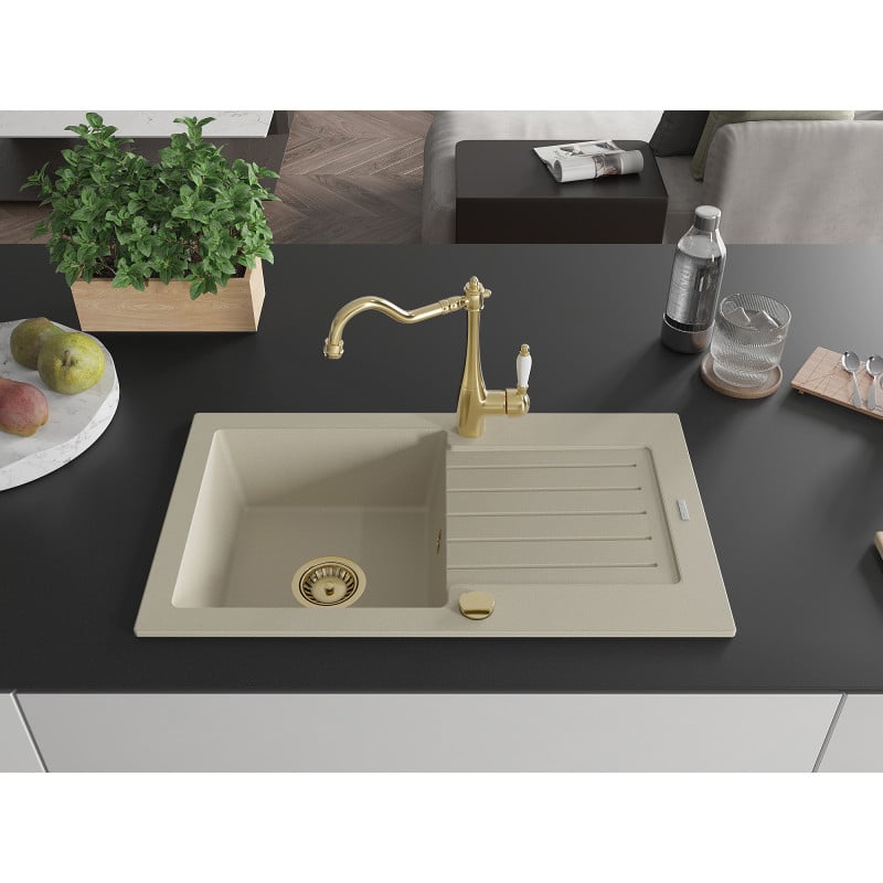 Mexen Pablo Granitspüle 1-Becken mit Abtropffläche und Küchenarmatur Carla, beige - 6510-69-670700-50