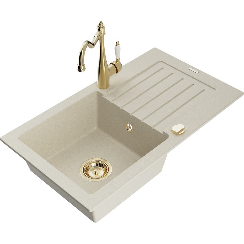 Mexen Pablo Granitspüle 1-Becken mit Abtropffläche und Küchenarmatur Carla, beige - 6510-69-670700-50