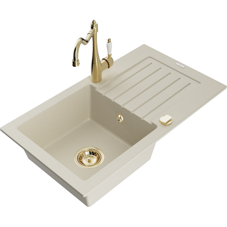 Mexen Pablo 1-becken Granitspüle mit Abtropffläche und Küchenarmatur Carla, beige - 6510-69-670700-50