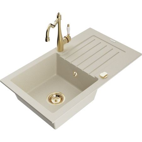 Mexen Pablo Granitspüle 1-Becken mit Abtropffläche und Küchenarmatur Carla, beige - 6510-69-670700-50