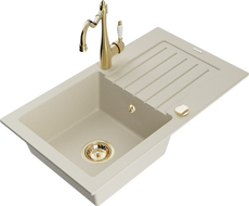 Mexen Pablo Granitspüle 1-Becken mit Abtropffläche und Küchenarmatur Carla, beige - 6510-69-670700-50