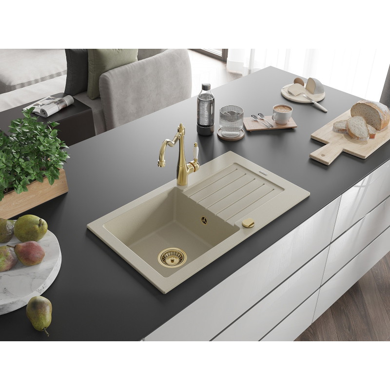 Mexen Pablo 1-becken Granitspüle mit Abtropffläche und Küchenarmatur Carla, beige - 6510-69-670700-50