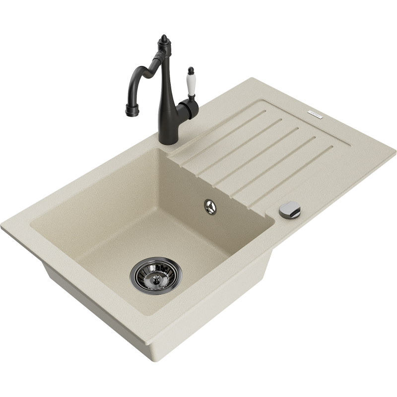 Mexen Pablo Granitspüle 1-Becken mit Abtropffläche und Küchenarmatur Carla, beige - 6510-69-670700-70
