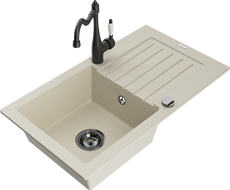 Mexen Pablo Granitspüle 1-Becken mit Abtropffläche und Küchenarmatur Carla, beige - 6510-69-670700-70