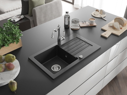 Mexen Pablo Granitspüle 1-becken mit Abtropffläche und Küchenarmatur Carla, schwarz/silber metallic - 6510-73-670700-00