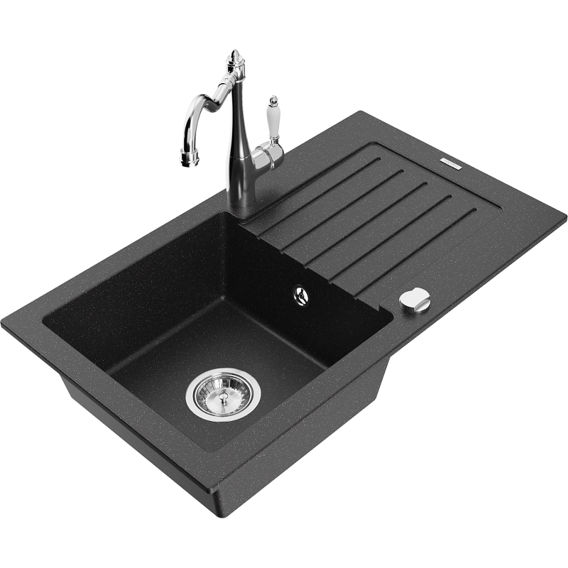 Mexen Pablo Granitspüle 1-becken mit Abtropffläche und Küchenarmatur Carla, schwarz/silber metallic - 6510-73-670700-00