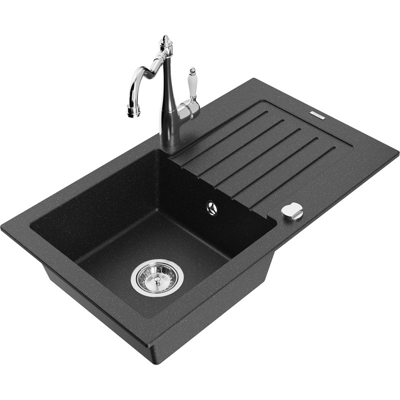 Mexen Pablo Granitspüle 1-beckig mit Abtropffläche und Küchenarmatur Carla, schwarz/silber metallic - 6510-73-670700-00