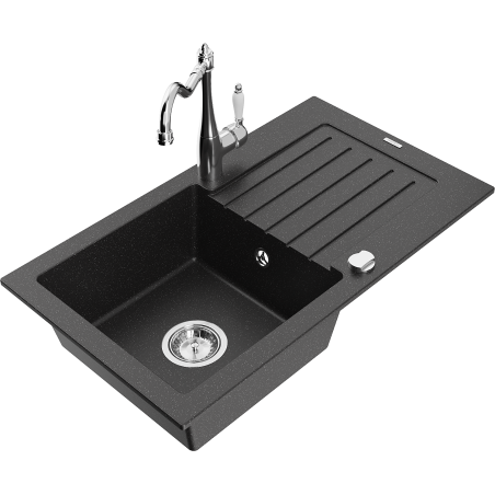 Mexen Pablo Granitspüle 1-becken mit Abtropffläche und Küchenarmatur Carla, schwarz/silber metallic - 6510-73-670700-00