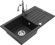 Mexen Pablo Granitspüle 1-becken mit Abtropffläche und Küchenarmatur Carla, schwarz/silber metallic - 6510-73-670700-00