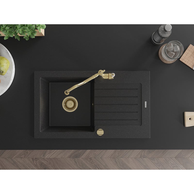 Mexen Pablo Granitspüle 1-Becken mit Abtropffläche und Küchenarmatur Carla, schwarz/silber metallic - 6510-73-670700-50