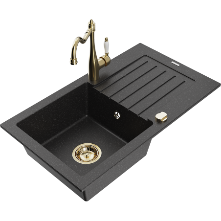 Mexen Pablo Granitspüle 1-Becken mit Abtropffläche und Küchenarmatur Carla, schwarz/silber metallic - 6510-73-670700-50