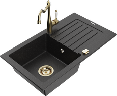 Mexen Pablo Granitspüle 1-Becken mit Abtropffläche und Küchenarmatur Carla, schwarz/silber metallic - 6510-73-670700-50