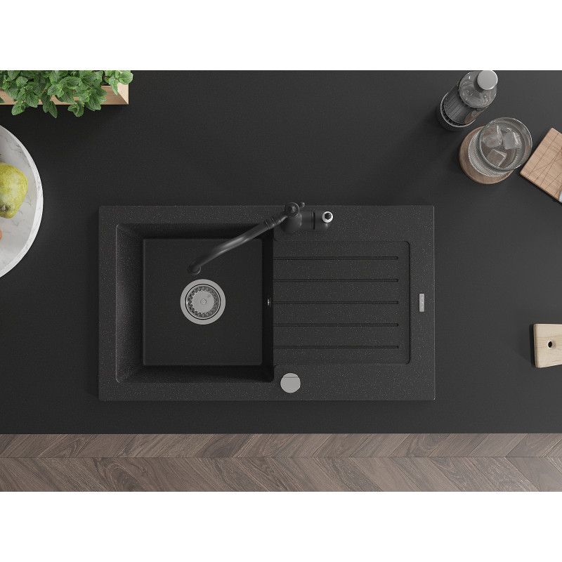 Mexen Pablo Granitspüle 1-Becken mit Abtropffläche und Küchenarmatur Carla, schwarz/silber metallic - 6510-73-670700-70