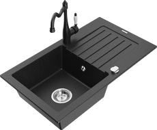 Mexen Pablo Granitspüle 1-Becken mit Abtropffläche und Küchenarmatur Carla, schwarz/silber metallic - 6510-73-670700-70