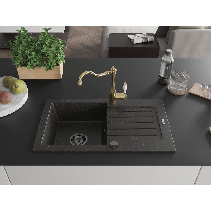 Mexen Pablo Granitspüle 1-beckig mit Abtropffläche und Küchenarmatur Carla, schwarz/gold metallic - 6510-75-670700-50-B