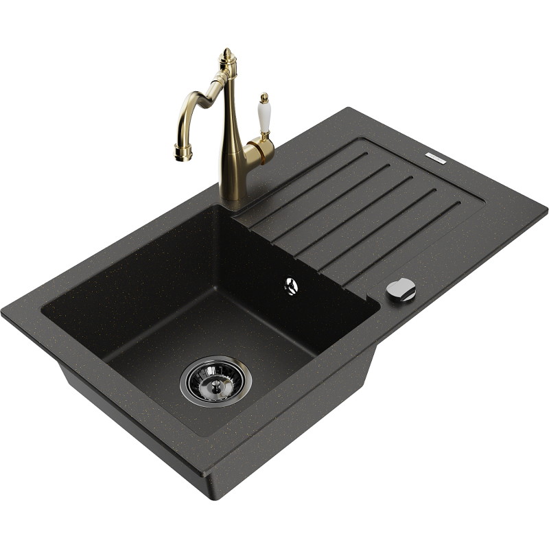 Mexen Pablo Granitspüle mit 1 Becken, Abtropffläche und Küchenarmatur Carla, schwarz/goldener Metallic - 6510-75-670700-50-B