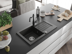 Mexen Pablo granit Spüle mit 1 Becken, Abtropffläche und Küchenarmatur Carla, schwarz/gold metallic - 6510-75-670700-70