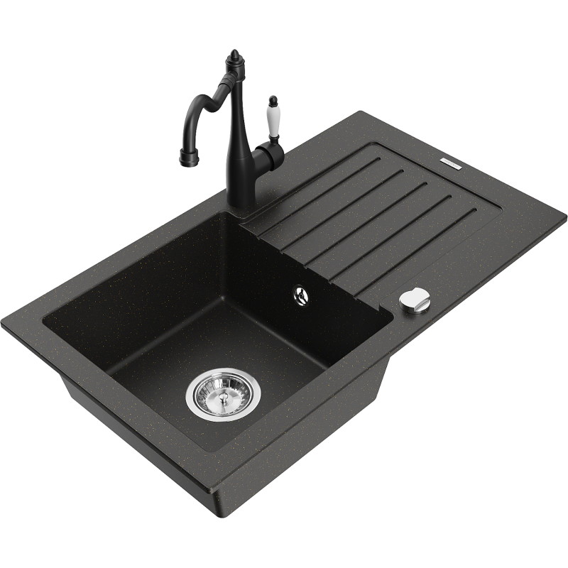 Mexen Pablo Granitspüle, 1-Becken, mit Abtropffläche und Küchenarmatur Carla, schwarz/goldenes Metallic - 6510-75-670700-70