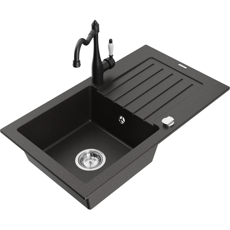 Mexen Pablo Granitspüle, 1-Becken, mit Abtropffläche und Küchenarmatur Carla, schwarz/goldenes Metallic - 6510-75-670700-70