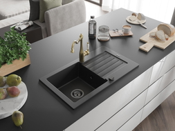 Mexen Pablo Granitspüle 1-Becken mit Abtropffläche und Küchenarmatur Carla, schwarz - 6510-77-670700-50-B